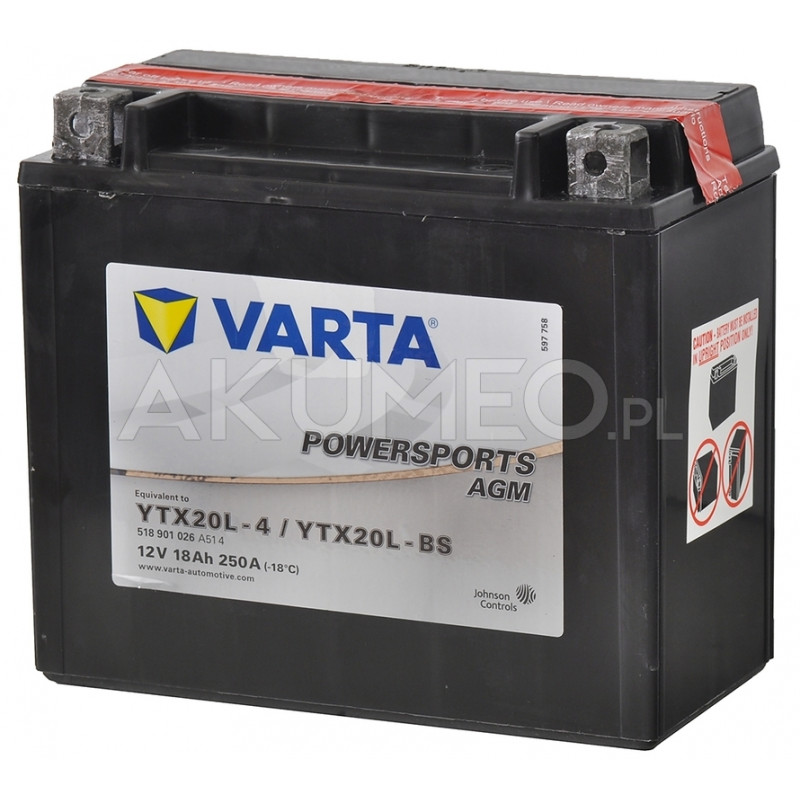 Akumulator Varta Powersports AGM YTX20L-BS 12V 18Ah 250A prawy+ | sklep  Akumeo