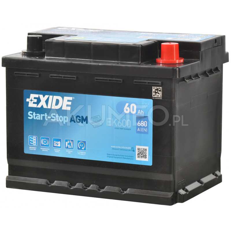 Akumulator Exide Start-Stop AGM EK600 12V 60Ah 680A prawy+ | sklep Akumeo