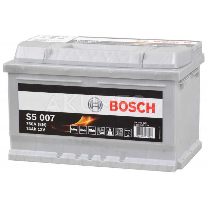 Akumulator Bosch S5 007 12V 74Ah 750A prawy+ Akumulator Bosch S5 007 12V 74Ah 750A prawy+